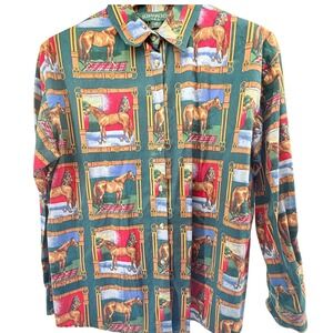 Vintage Made In USA Equestrian Horse Print Button Up Shirt Mens Bushwacker M‎